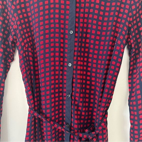 Tommy Hilfiger Red Navy Windowpane Pattern Button Down Cinch Waist Shirt Dress - Picture 5 of 7